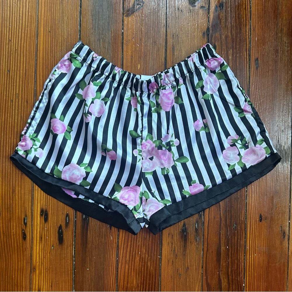 Satin black & pink striped lounge shorts w floral design